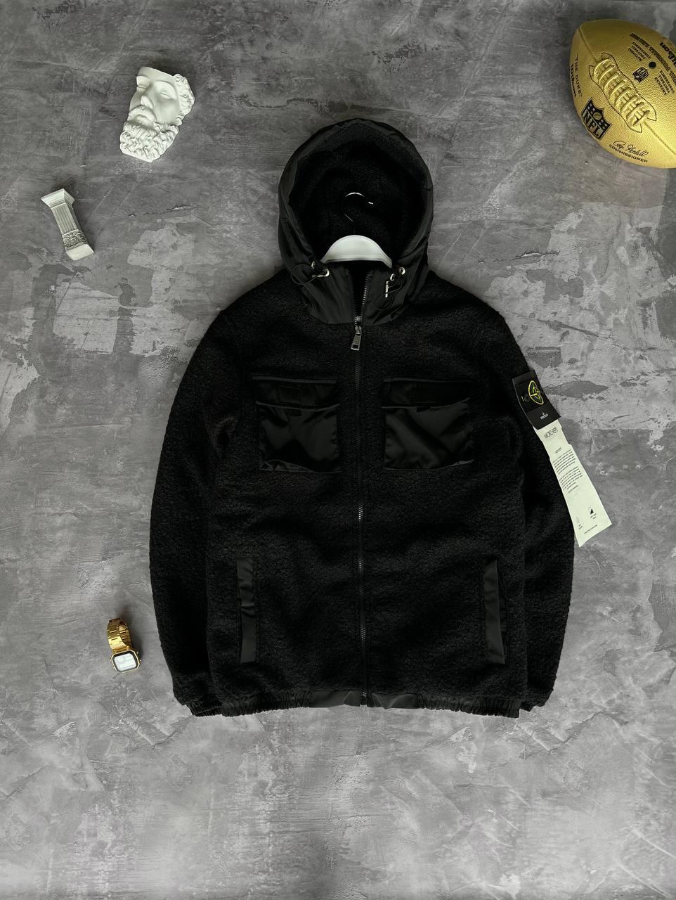 Чоловіча куртка Stone Island з патчем чорна осіння зимова до -5 Куртка Стон Айленд утеплена тедді (G)