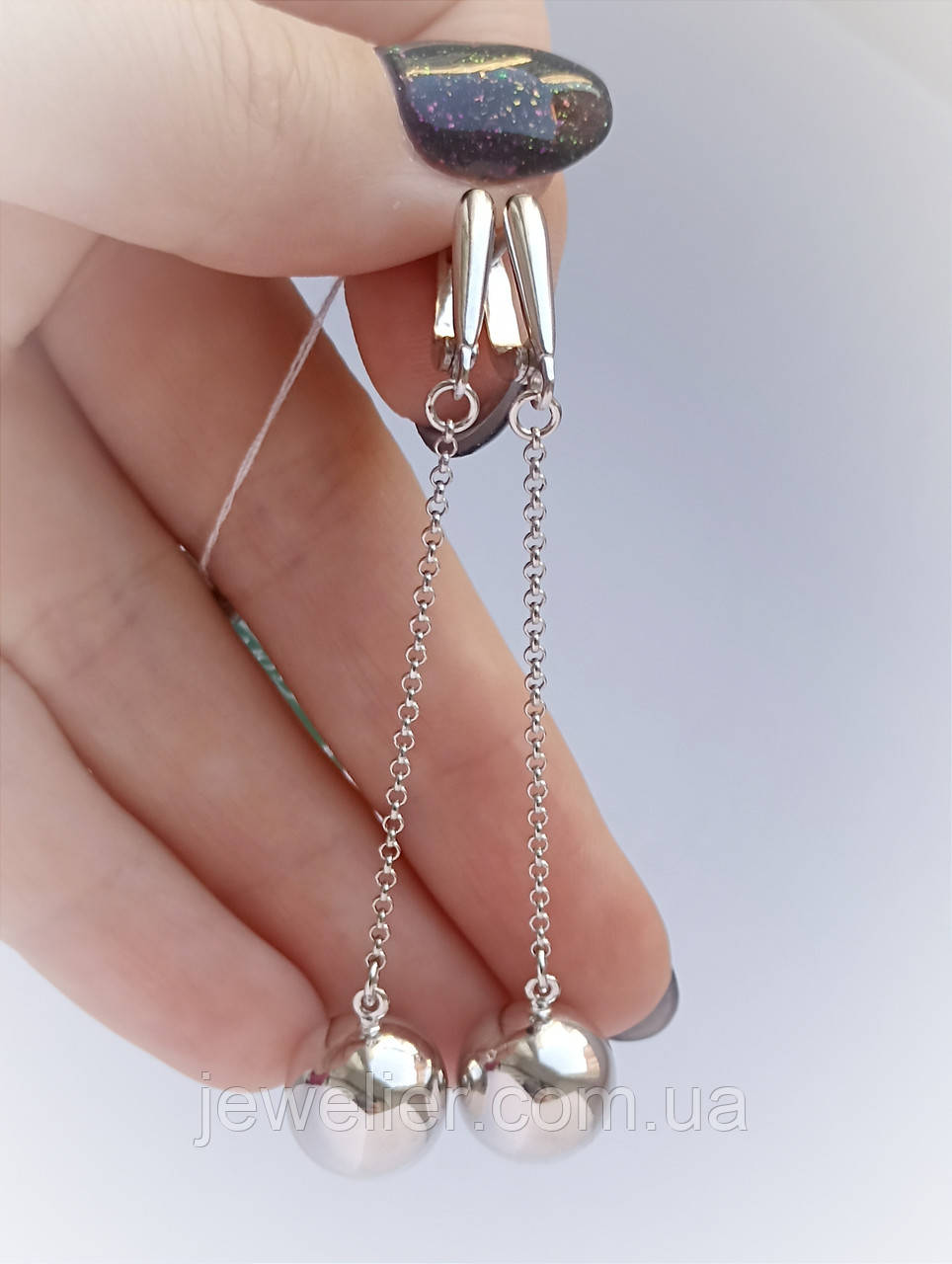 Сережки срібні "Кулька на ланцюжку" 12 мм, родій