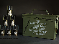 Ящик короб для бк патронов гранат и рюмки стопки стекло 6 шт из гильзы для гранатомета армейский военный Нато
