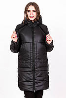 Куртка тепла жіноча чорна з капюшоном плащівка середньої довжини Актуаль 205, 42