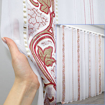 Тюль з креп-шифону. Колір білий з бордовом. Код 1362т