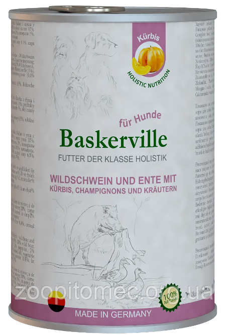 Консерва для собак Baskerville (Баскервіль) Холістик кабан, качка, гарбуз, зелень 400 г