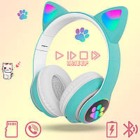 Навушники "Котячі вушка" бездротові з підсвічуванням RGB і MP3 плеєром Cute Headset Bluetooth,MicroSD,FM Зелені IND