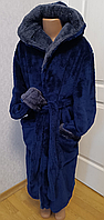 Теплый детский халат, на запах, с капюшоном р. 10-12.12-14 синий с серым