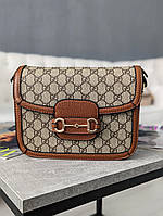 Женская сумка Gucci Horsebit на плечо Гуччи коричневый + серый