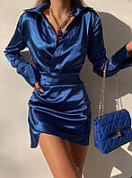 Женское приталенное платье мини, с длинным рукавом, синее