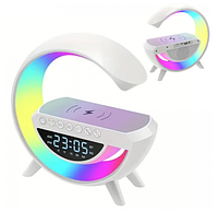 Настольная смарт лампа-ночник G-Smart RGB KP-3401 с беспроводной зарядкой часами будильником Bluetooth-колонко