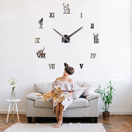 Настінний 3D годинник DIY Clock 55-75 см Кішки Срібло YU227, фото 2