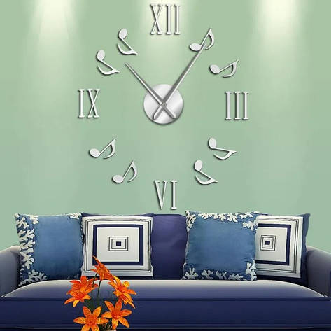 Настінний 3D годинник DIY Clock 80-100 см Нота Срібло YU227, фото 2