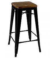 Табурет барный Tolix W черный матовый металлический с деревянным сиденьем 77 см, штабелируется в стопки