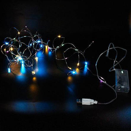 Xmas гірлянда USB + battery box 30 Led 3 м (Copper) мідного дроту (крапля роси) m MULTI працює від батарейок + USB YU227, фото 3