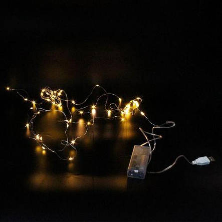 Xmas гірлянда USB + battery box 50 Led 5 м (Copper) мідного дроту (крапля роси) WW WARM W працює від батарейок + USB YU227, фото 2