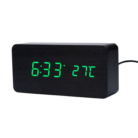 Електронні годинник-будильник з термометром LED WOOD CLOCK VST-862+ дерево, чорні YU227, фото 2