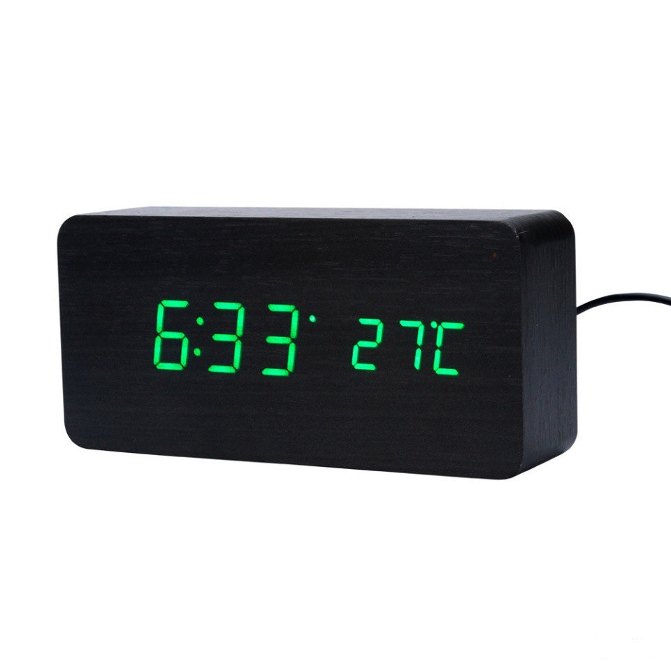Електронні годинник-будильник з термометром LED WOOD CLOCK VST-862+ дерево, чорні YU227