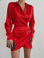 Женское шелковое нежное короткое платье с длинным рукавом тренд стильное беж, бутылка, красный, черный червоний