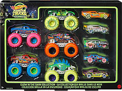 Hot Wheels Monster Trucks Glow in the Dark. Набір з 10 машинок і монстр-траків, що світяться в темряві, Хот Вілс