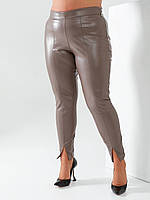 Женские стильные кожаные брюки батал из экокожи с разрезами спереди