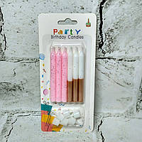 Свічки для торта з підставками набір - 6 шт., висота - 7 см Рожевий Білий в блискітках 23-204-2