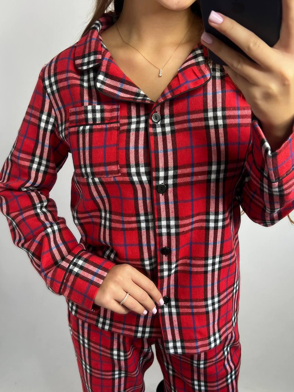 Женская пижама коттоновая красная в белую клетку. Рубашка с длинным рукавом и штаны с карманами. - фото 8 - id-p2018834978