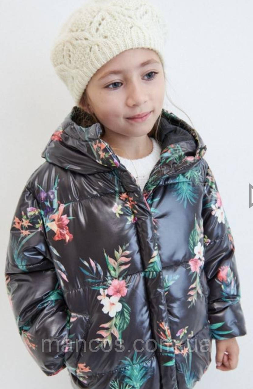 Куртка для дівчинки Reserved єврозима чорна стьобана з квітковим принтом Oversize Розмір 134
