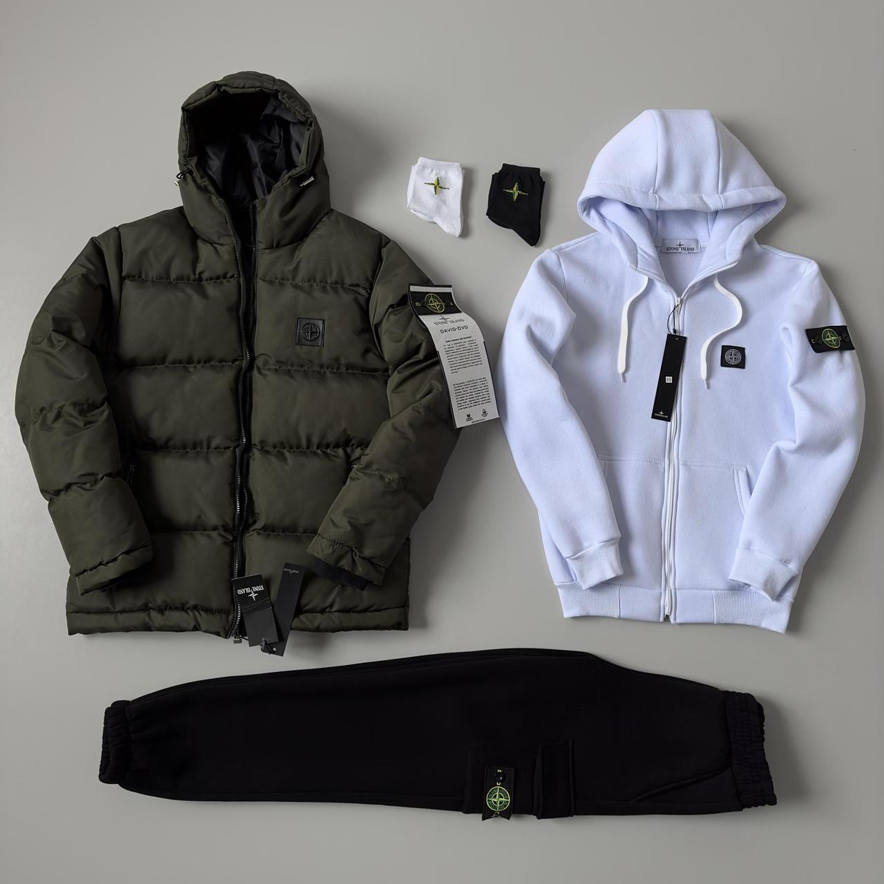 Зима Stone Island : куртка хакі, зіп худі-штани білий .Хит!, фото 1
