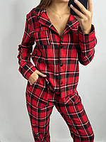 Женская пижама коттоновая вишневая в крупную клетку. Рубашка с длинным рукавом и штаны с карманами. M