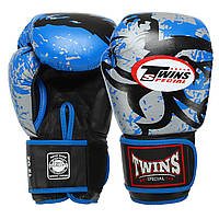 Кожаные перчатки боксерские (р-р 10,12,14 oz) TWINS TRIBAL BO-9952 синий