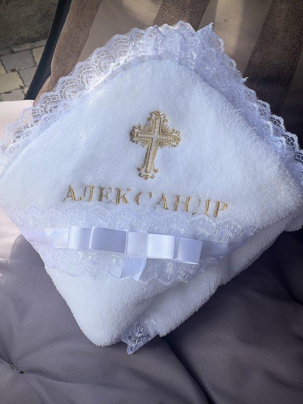 Крижмо Brilliant Baby Бантик Іменне з хрестиком 95х95 см Білий (BB018), фото 1