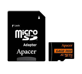 MicroSDXC (UHS-1 U3) Apacer A2 64Gb class 10 V30 (R100MB/s, W80MB/s) (adapter SD)