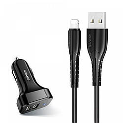 АЗП Usams Travel Car Charger Kit King Tu Series(U35 IP Cable 1M + C13 Dual USB Car Charger) Black