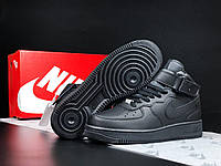 Зимние кроссовки Nike Air Force на меху подростковые пресс кожа (на липучке) черные, Найк Форс