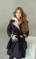 Тренч - пуховик детский, подростковый, зимний, теплый, дизайнерский, с капюшоном, Черный, 110-164