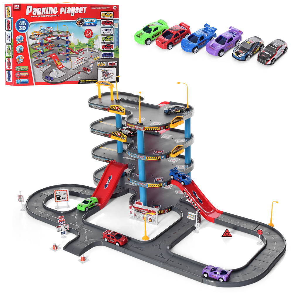 Гараж P31 (8 шт.) 4 поверхи, 80-56-в37 см, машинки 6 шт., 7 см, доріж.знаки, 73-предм, у кор-ку, 60-43-6 см, фото 1