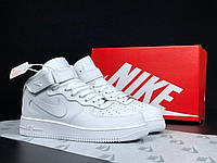 Зимние кроссовки Nike Air Force на меху подростковые пресс кожа (на липучке) белые, Найк Форс