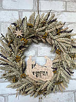 Різдвяний вінок з Вертепом з сухоцвітів та колосків пшениці жита вівса льону , різдвяний вінок на двері Д-42 см