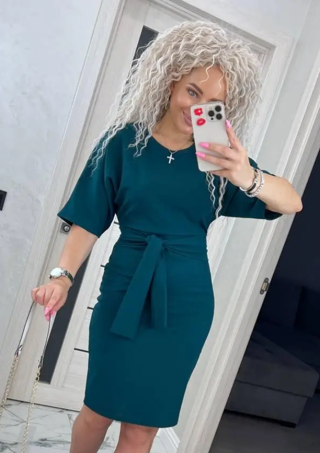 Модне плаття жіноче однотонне олівець в обтяжку смарагдове плаття з коротким рукавом весняне літнє плаття, фото 1