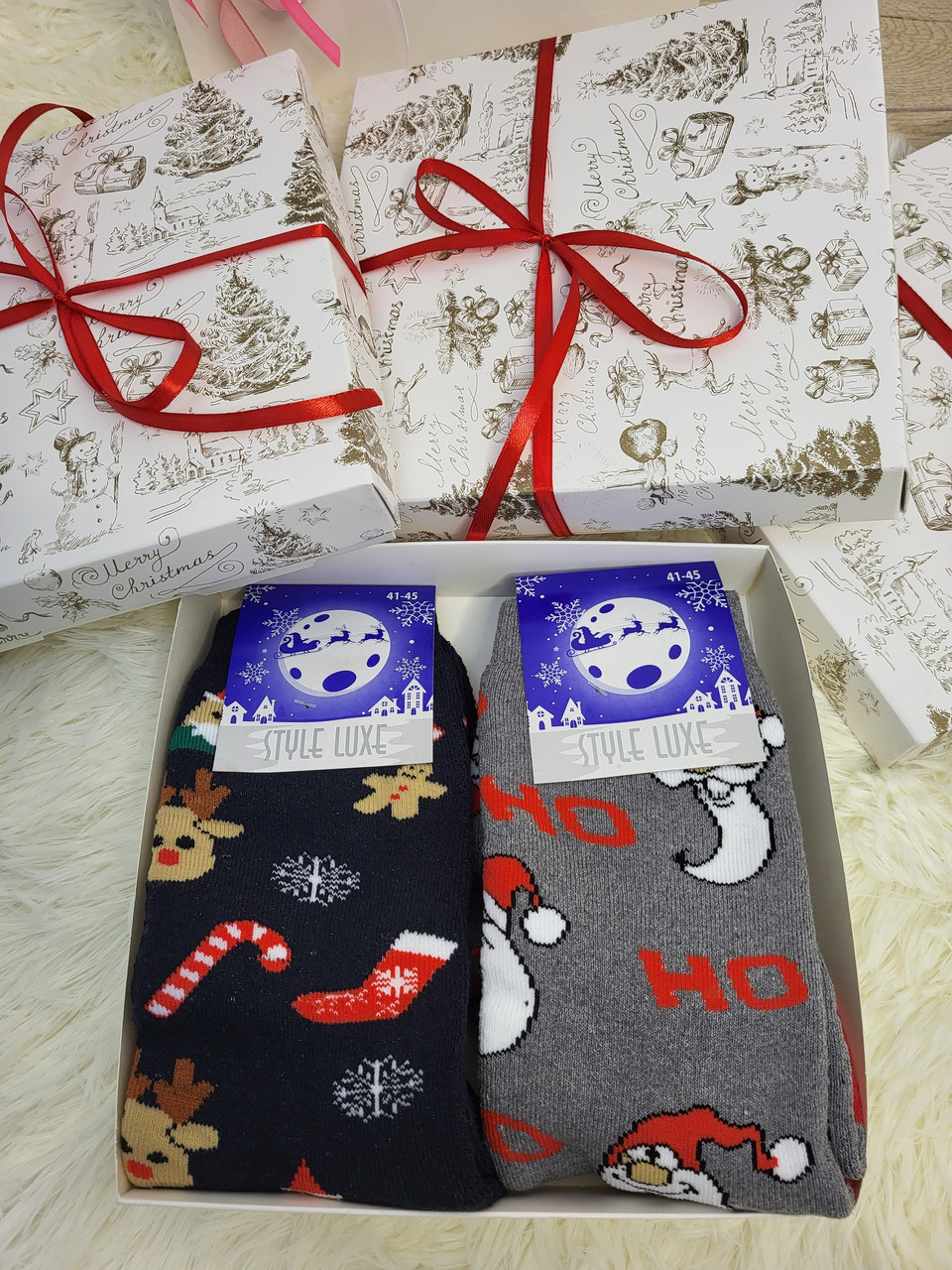 Подарунковий новорічний набір теплих чоловічих шкарпеток. Різдвяний набір шкарпеток святкових зимових
