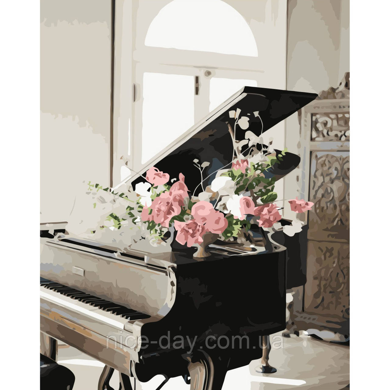 Картина за номерами Strateg ПРЕМІУМ Рояль у квітах з лаком та рівнем розміром 40х50 см VA-3346