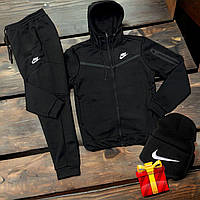 Спортивний костюм чоловічий Nike зимовий осінній теплий на флісі Худі + Штани + Шапка в подарунок чорний