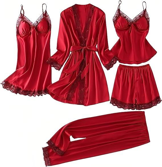 Жіночий комплект для сну червоного кольору: халат, пеньюар, піжама зі шортами та штани