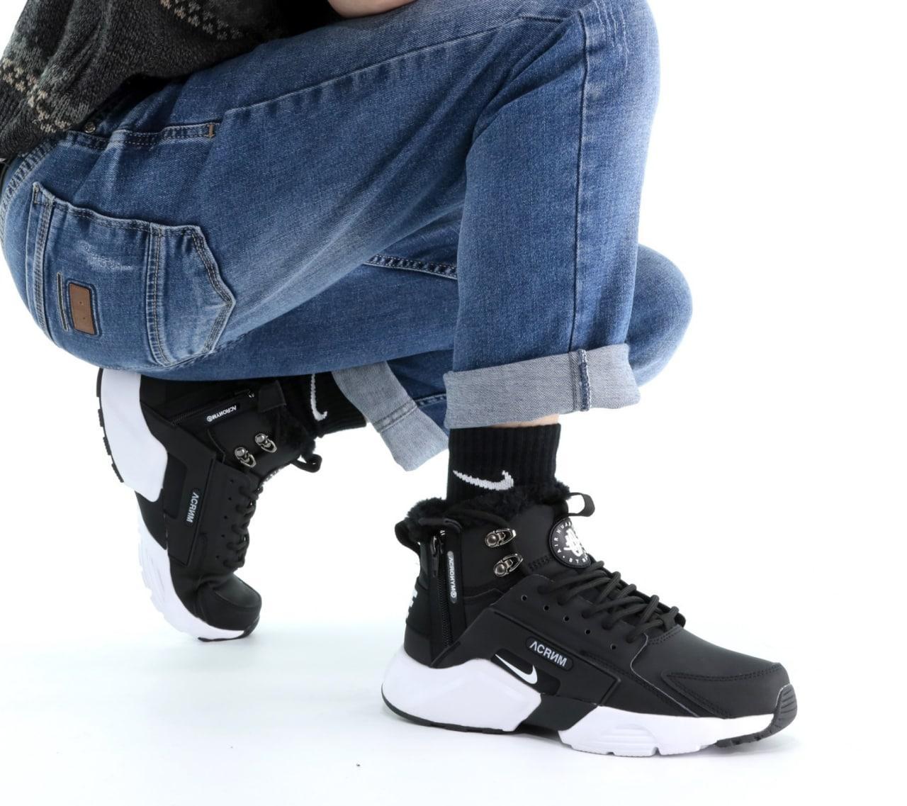 Кросівки зимові Nike Huarache Acronym чоловічі на хутрі чорні високі водонепроникні модні теплі, фото 1