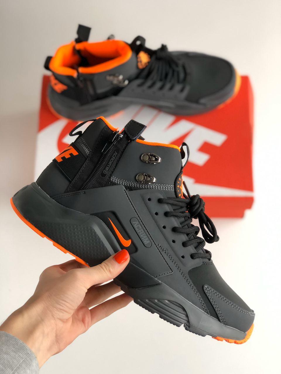 Кросівки зимові Nike Huarache Acronym чоловічі чорні з оранжевим високі водонепроникні модні теплі, фото 1