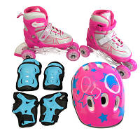 Детские ролики для начинающих 3в1 Profi Roller 4148, PU, с бирюзовой защитой и шлемом, размер 33-37, Розовые