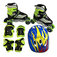 Детские ролики для начинающих 3в1 Profi Roller 4148, PU, с зеленой защитой и шлемом, размер 33-37, Зеленые
