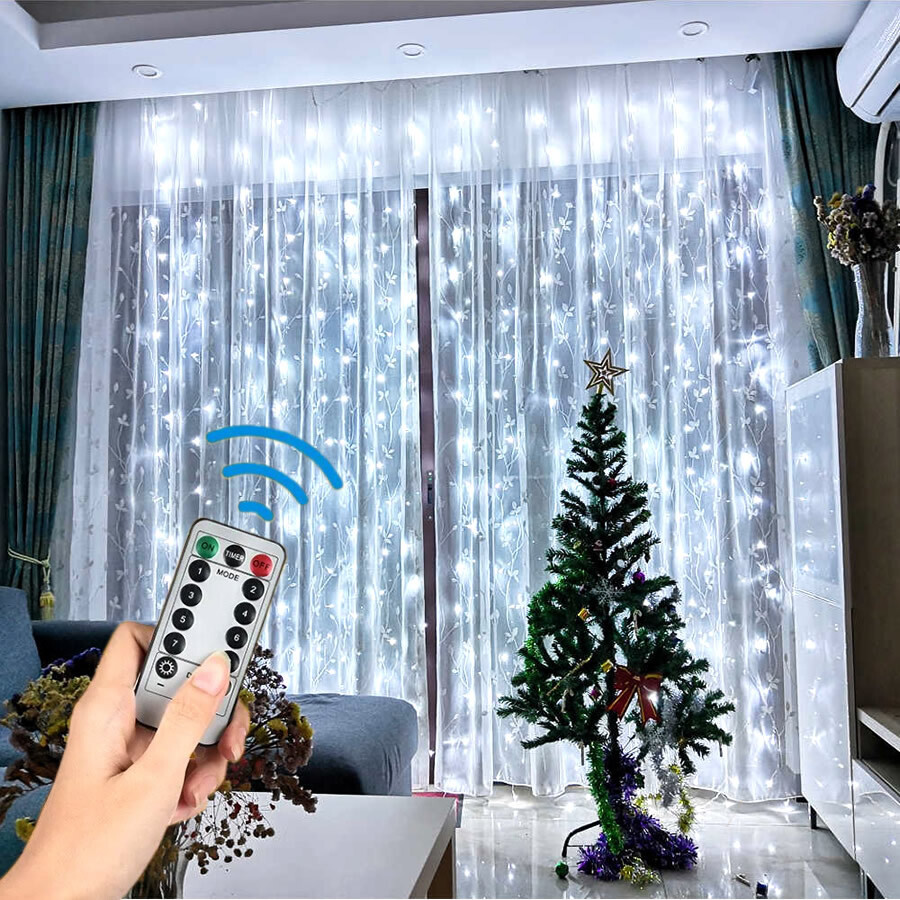 Гірлянда Штора на мідному дроті 3х3 м, 300 LED, колір: білий USB с пультом