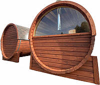 Turnkey barrel sauna with panoramic window 4.0x2.15 m made of alder timber from a manufacturer in Ukraine