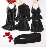 Комплект из плотного атласа халат, пеньюар и пижамный комплек черного цвета