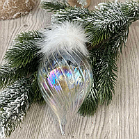 Новогодняя игрушка на елку 16 см, прозрачное стекло с декором из перьев