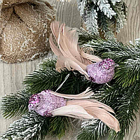 Декоративные розовые птички 13см для украшения елки на клипсе (натуральный пух и перо)