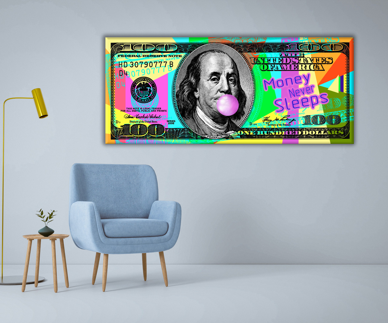 Сучасна картина з купюрою в офіс Нові сто 100 доларів кольорові. Максимальна точність в деталях та  в текстурі полотна!, фото 1